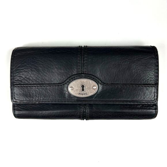 Fossil Handbags - Fossil Leather Trifold Wallet Black Maddox Marlow Cowhide Keyhole Vintage Y2K